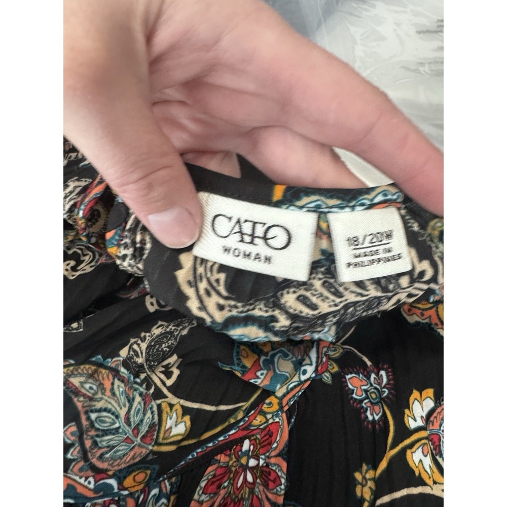 Cato Black Floral crinkle blouse peasant sleeve fall semi-sheer floral paisley - Picture 9 of 10